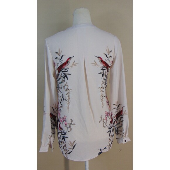 Chinese Asian Blouse Top Womens Small V-Neck Red Bird Detail Pleated White S - Picture 7 of 10